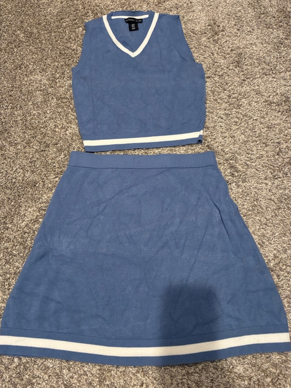 Sincerely Jules Blue Knit V-Neck Tank and Skirt Set with White Trim